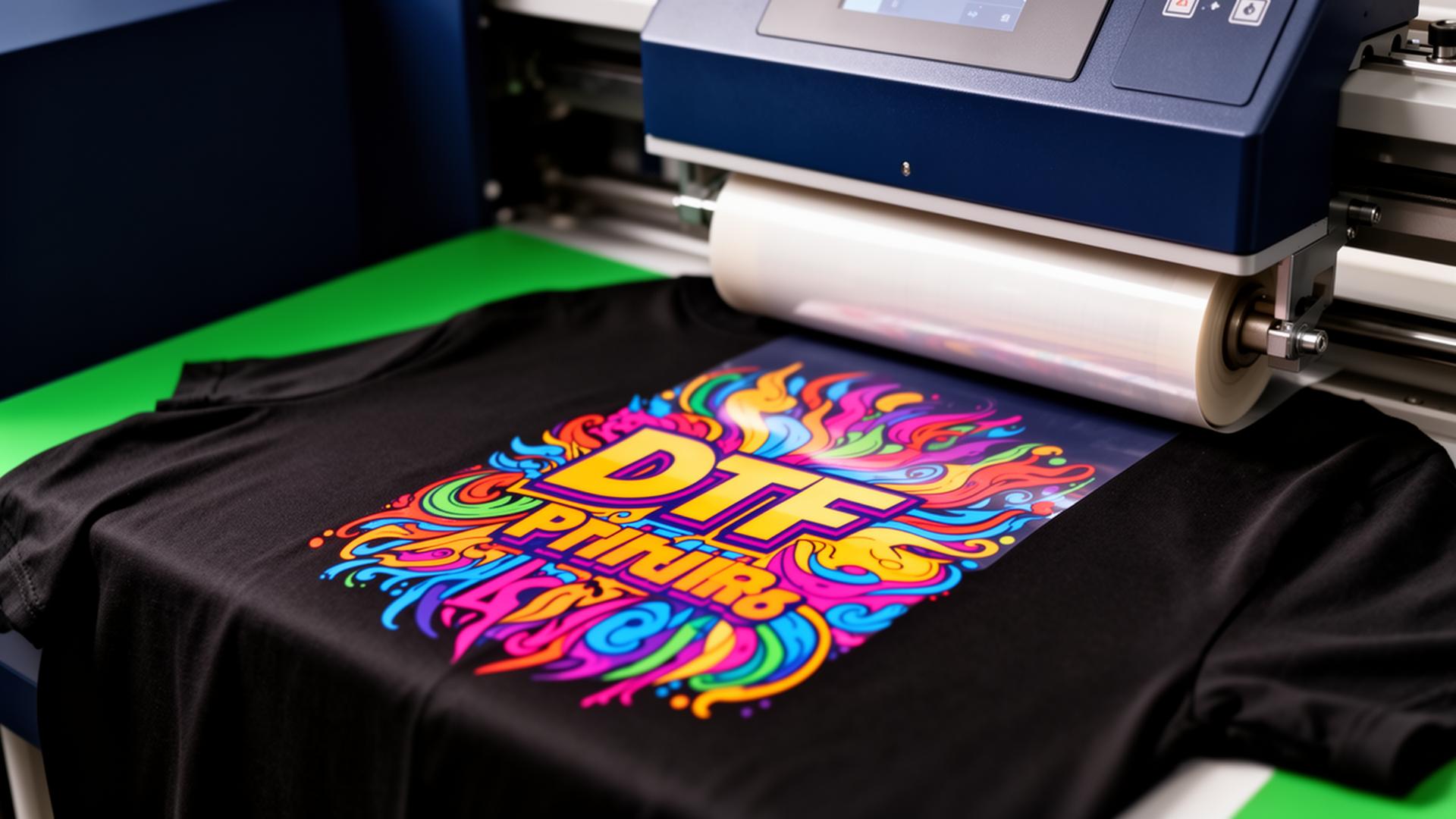 DTF print being heat-pressed on a black t-shirt at Vision Textile workshop